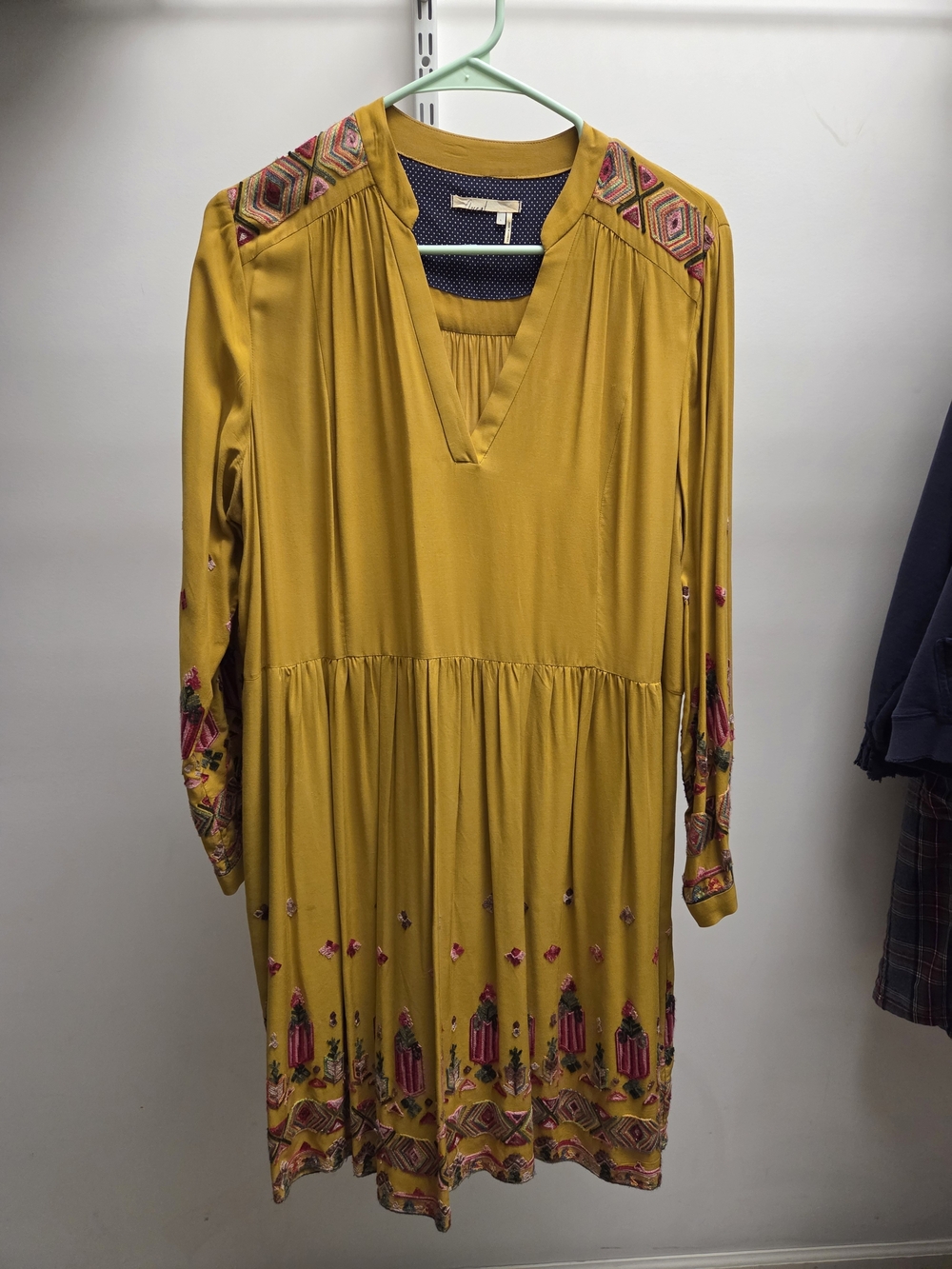 Anthropologie Floreat Mustard Yellow Long Sleeve Boho Dress with Embroidery